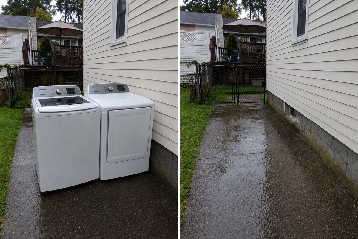 Before and after appliance removal in Sayreville, NJ: a washer and dryer beside the house hauled away, leaving a clear, empty walkway