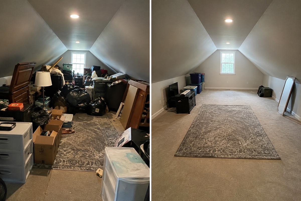 Before and after attic cleanout in East Brunswick, NJ: a cluttered attic full of boxes and bags cleared out to a clean, empty carpeted room