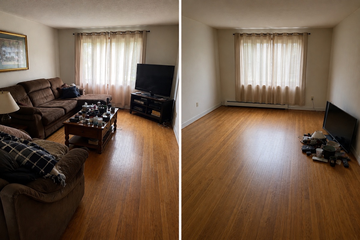 Before and after furniture removal in Piscataway, NJ: a living room full of couches, a coffee table and TV cleared out to an empty room